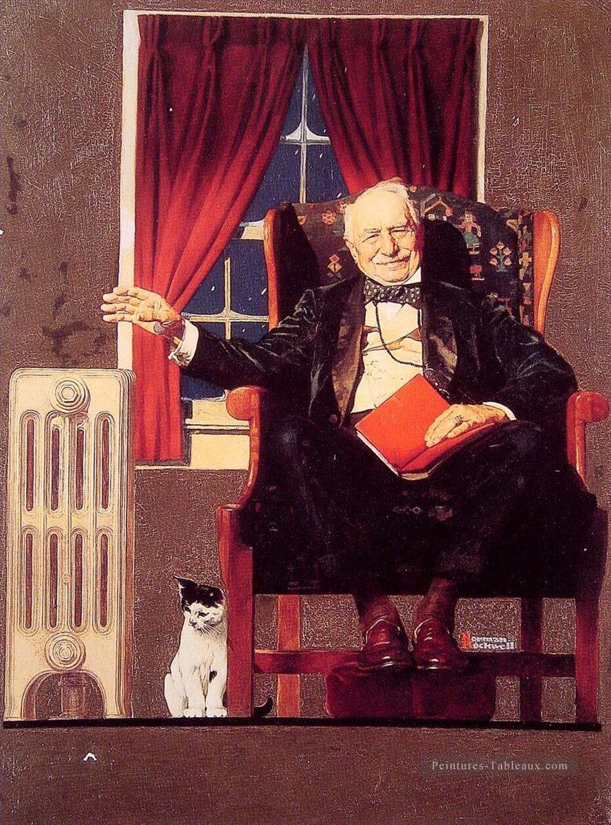ラジエーターのそばに座る男性 ノーマン・ロックウェル油絵